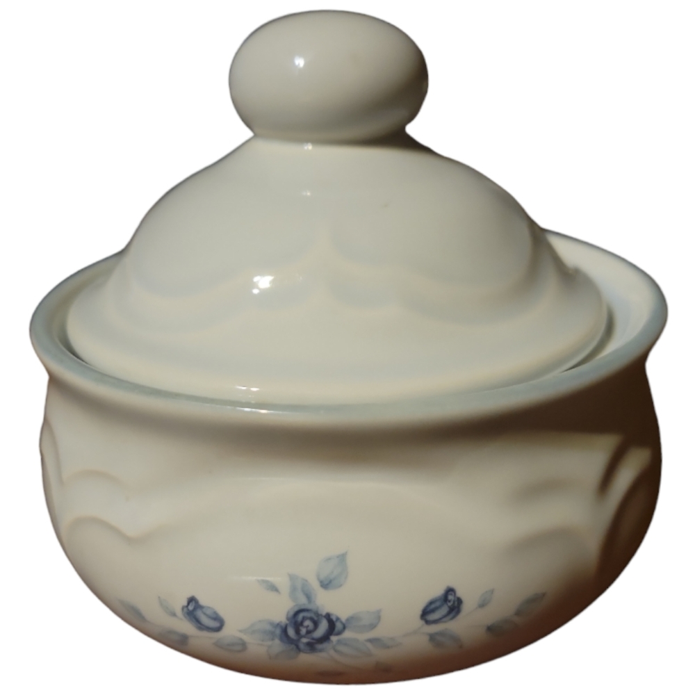 Vtg 87 Sugar Bowl Dish Lidded Poetry Matte PFALTZGRAFF Blue Floral Stoneware